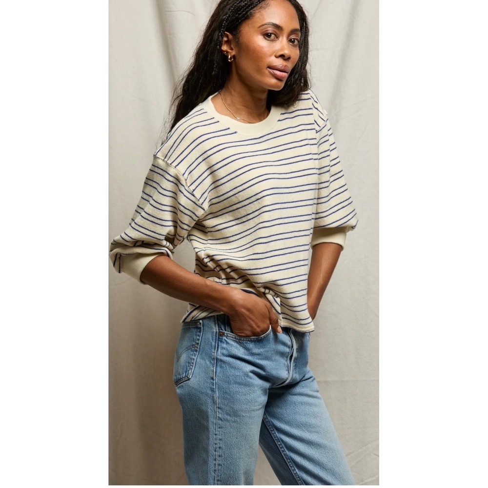 perfectwhiteTEE Roxy Stripe Loop Terry Sweatshirt Women Cream Blue Size Large